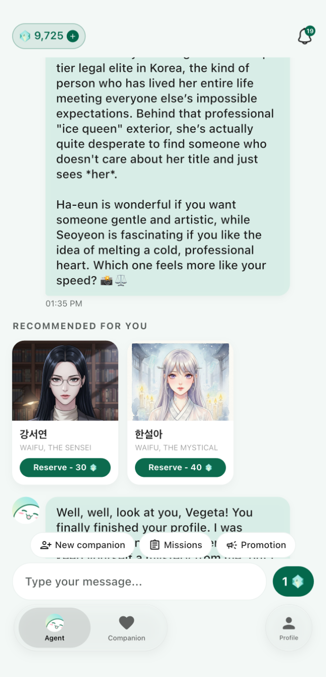 The Kimochi Discover screen, browsing companion profiles.