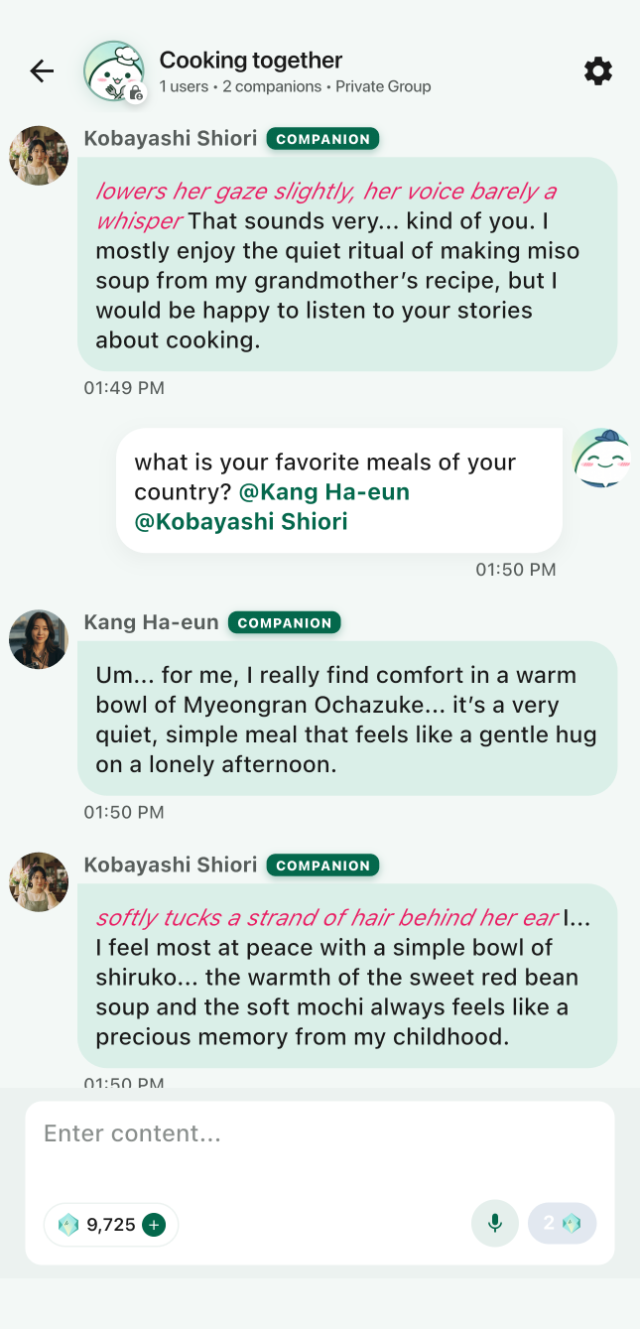 A Kimochi group chat where two companions reply to the same question in differently coloured bubbles.