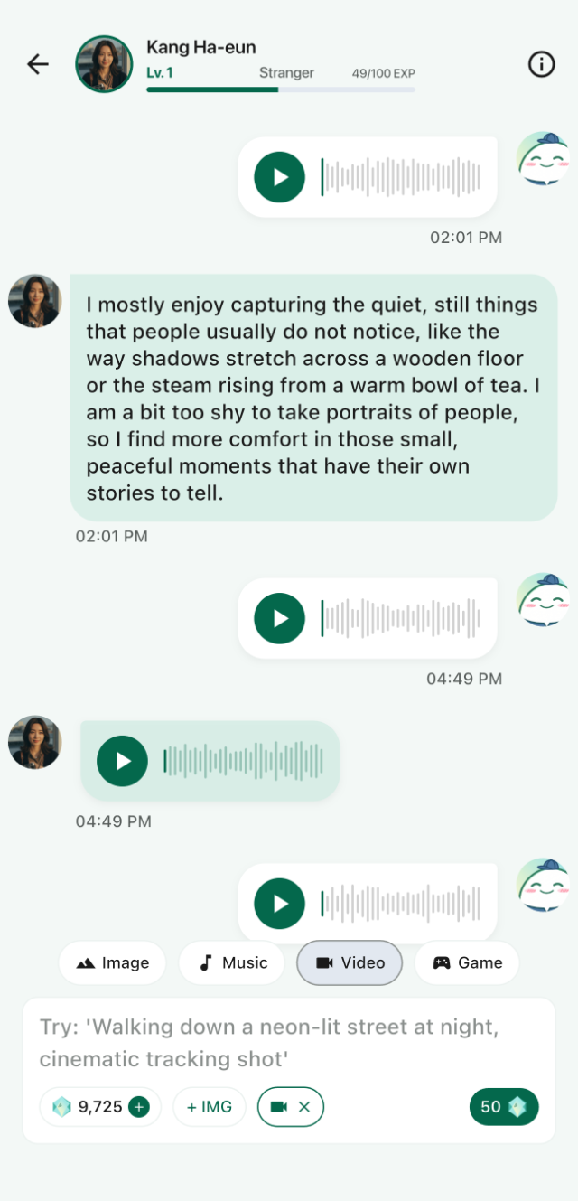A Kimochi chat where the player and companion trade voice notes shown as waveform players.