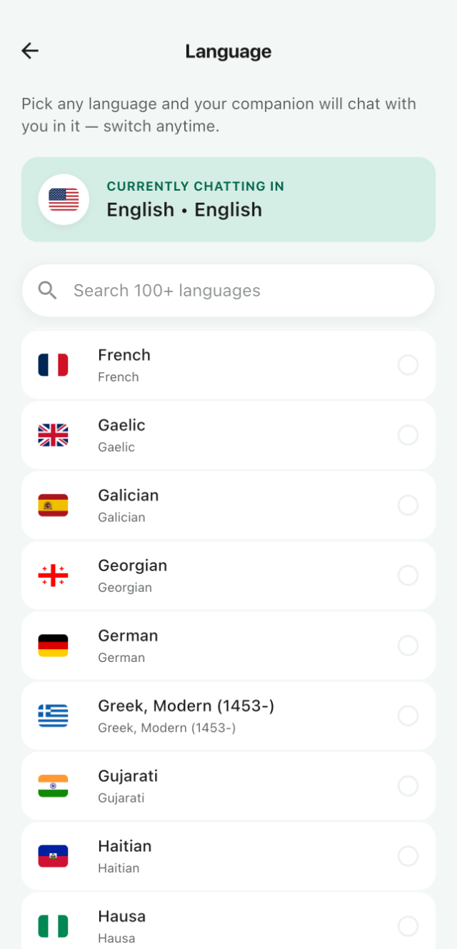The Kimochi language screen: currently chatting in English, above a searchable list of over 100 languages.