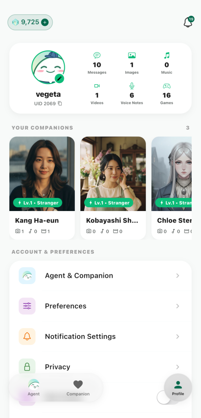 The Kimochi Profile tab showing message, image, music, video and game counts above the player's companions.