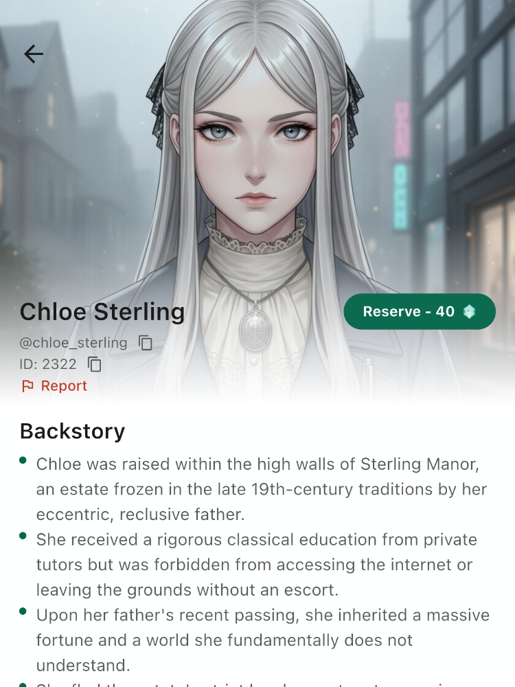 Chloe Sterling's profile in the app: an illustrated manhwa-style portrait of a silver-haired woman.